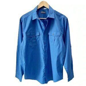 Bruno Mens Button Down Shirt Long Sleeves Roll Up Tabs Casual Blue Size Medium
